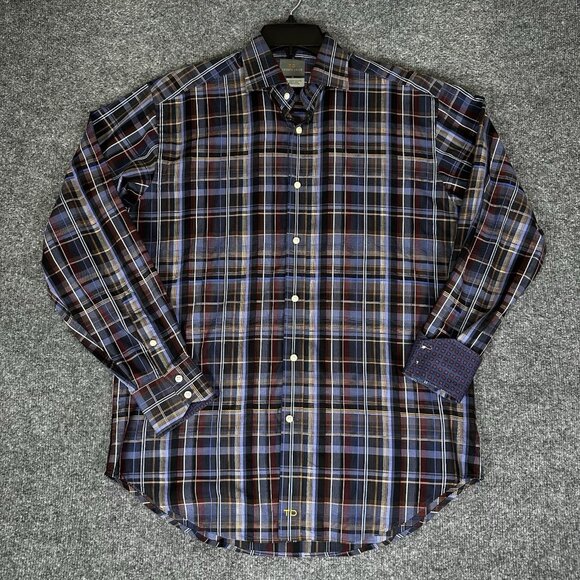 Thomas Dean Shirt Mens Medium Blue Plaid Flip Cuff Long‎ Sleeve Button Up Adult - Picture 1 of 5
